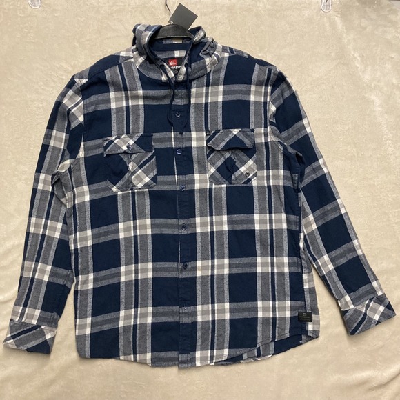 Quiksilver Other - Quiksilver Button up flannel hoodie shirt XL Blue plaid Long sleeve Hooded